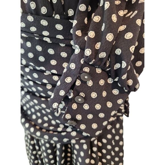 Vintage 80s Navy Blue White Polka Dot Long Midi Dress S Blouson Drop Waist - Picture 6 of 7